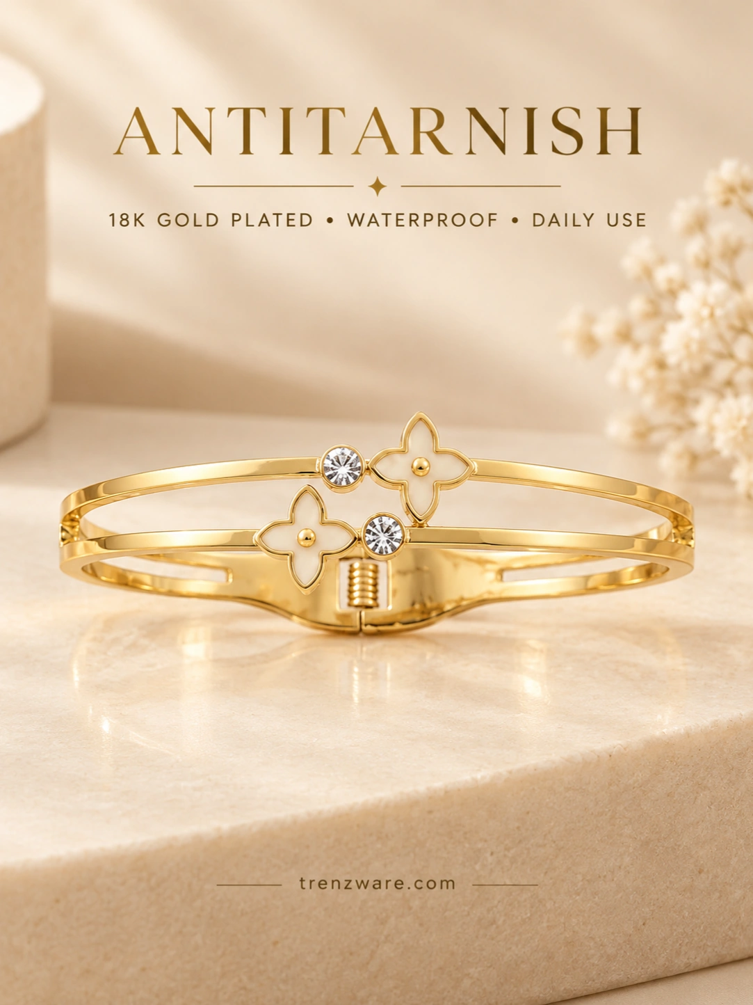 18K Anti-Tarnish   Gold-Plated Double-Band Bangle with Enamel Clover and Crystal Accents