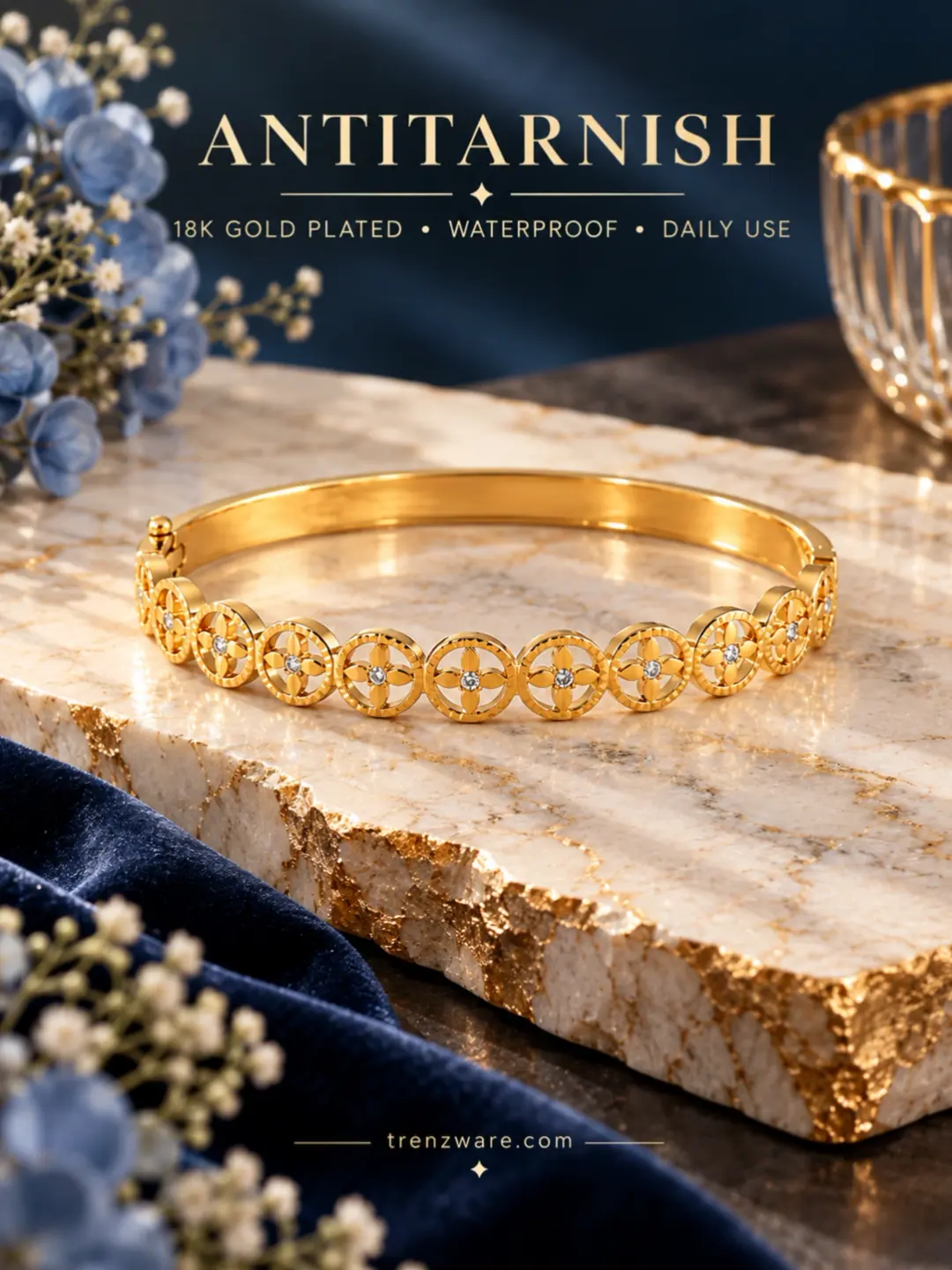 18K Anti-Tarnish  Gold-Plated Filigree Hinge Bangle with Diamond Accents