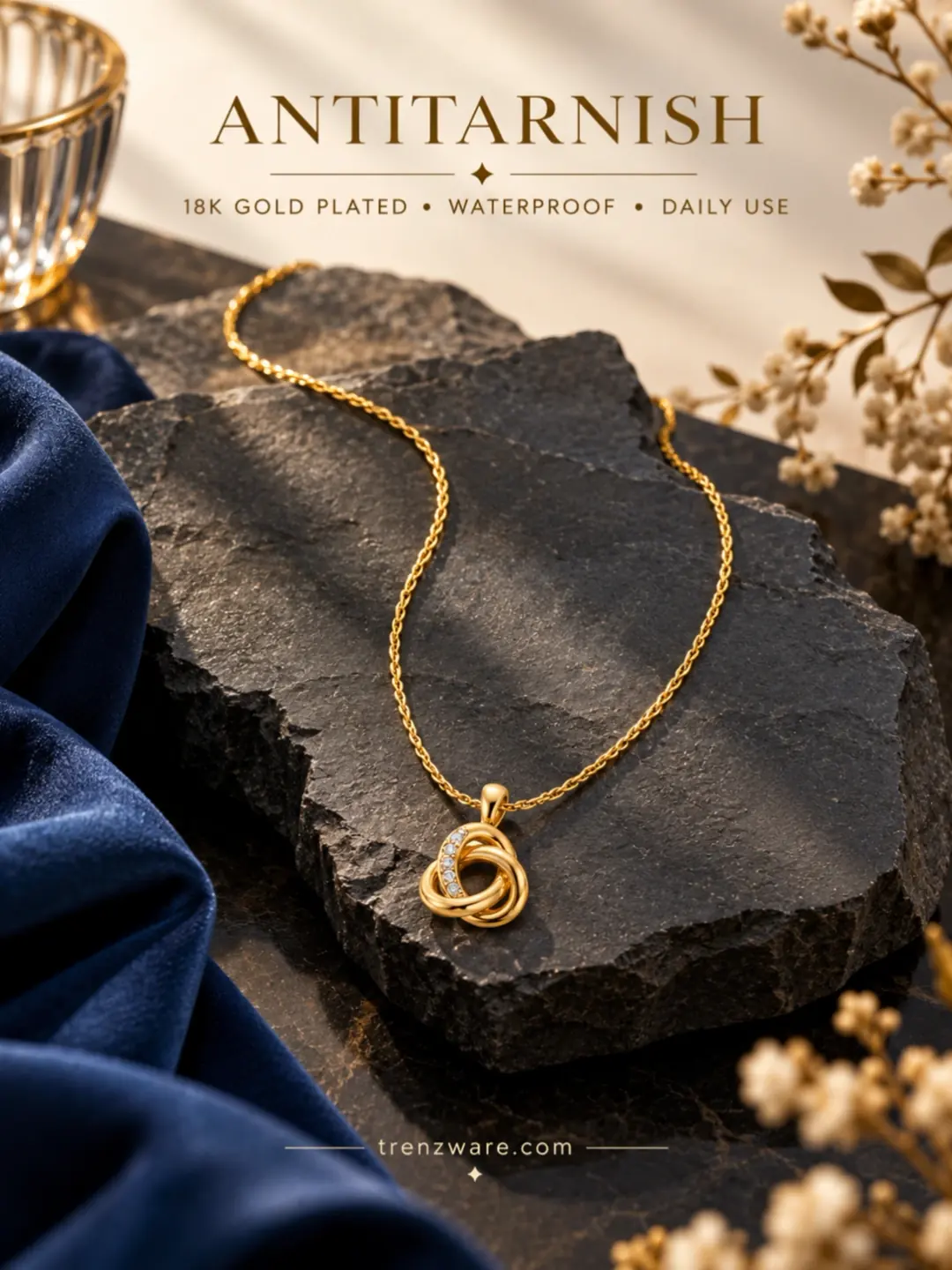 18K Anti-Tarnish Gold Plated Interlocking Trinity Knot Pendant Necklace