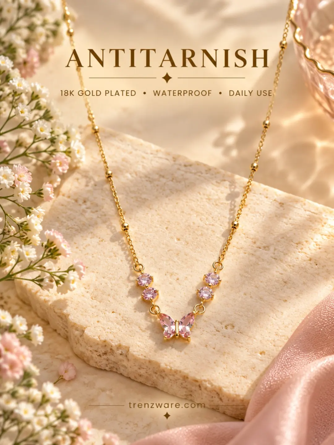 Petite Rose Butterfly and faceted Crystal Beaded Gold Necklace