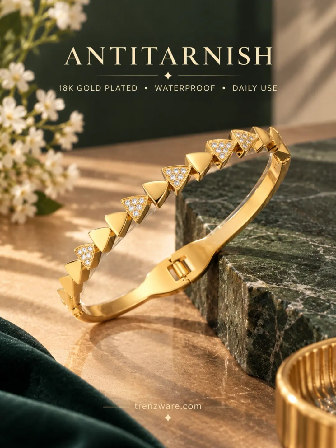 18K Anti-Tarnish   Gold-Plated Alternating Triangle Studded Cuff Bangle
