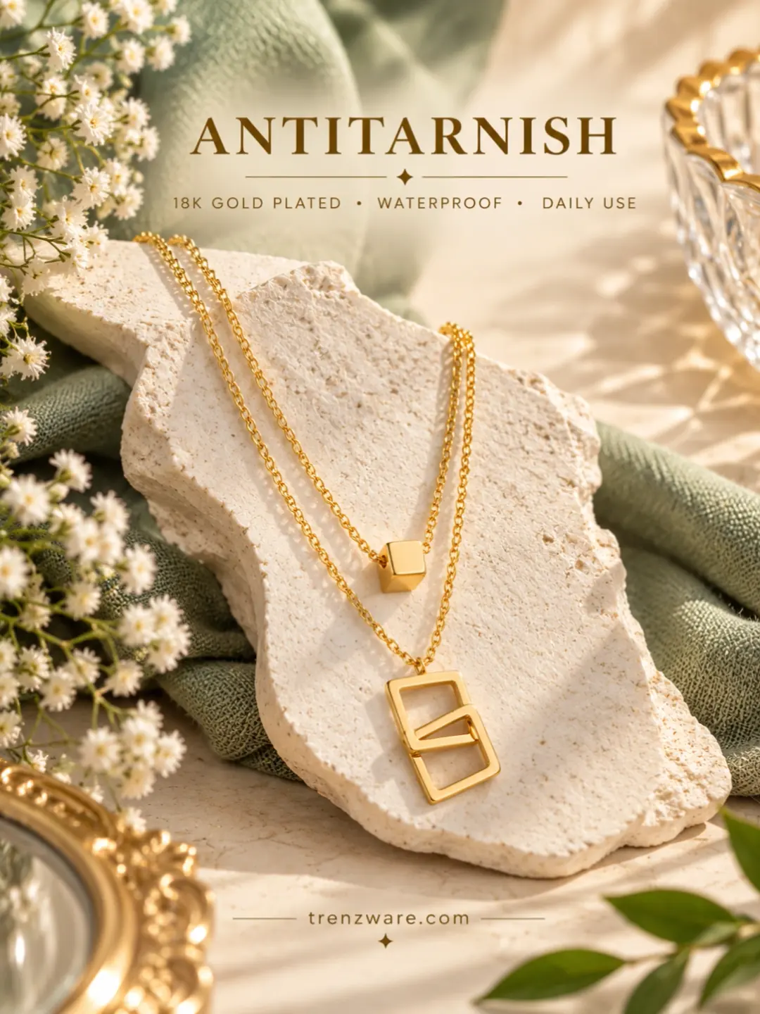 18K Gold Plated Layered Geometric Cube & Interlocking Square Pendant Necklace