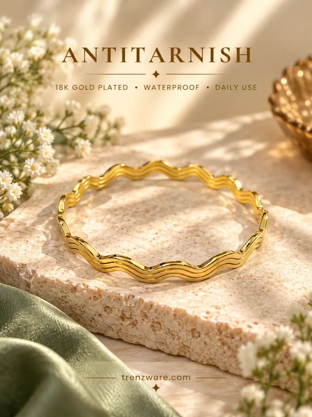 Elegant Wave-Patterned Gold Metal Bangle / Bracelet