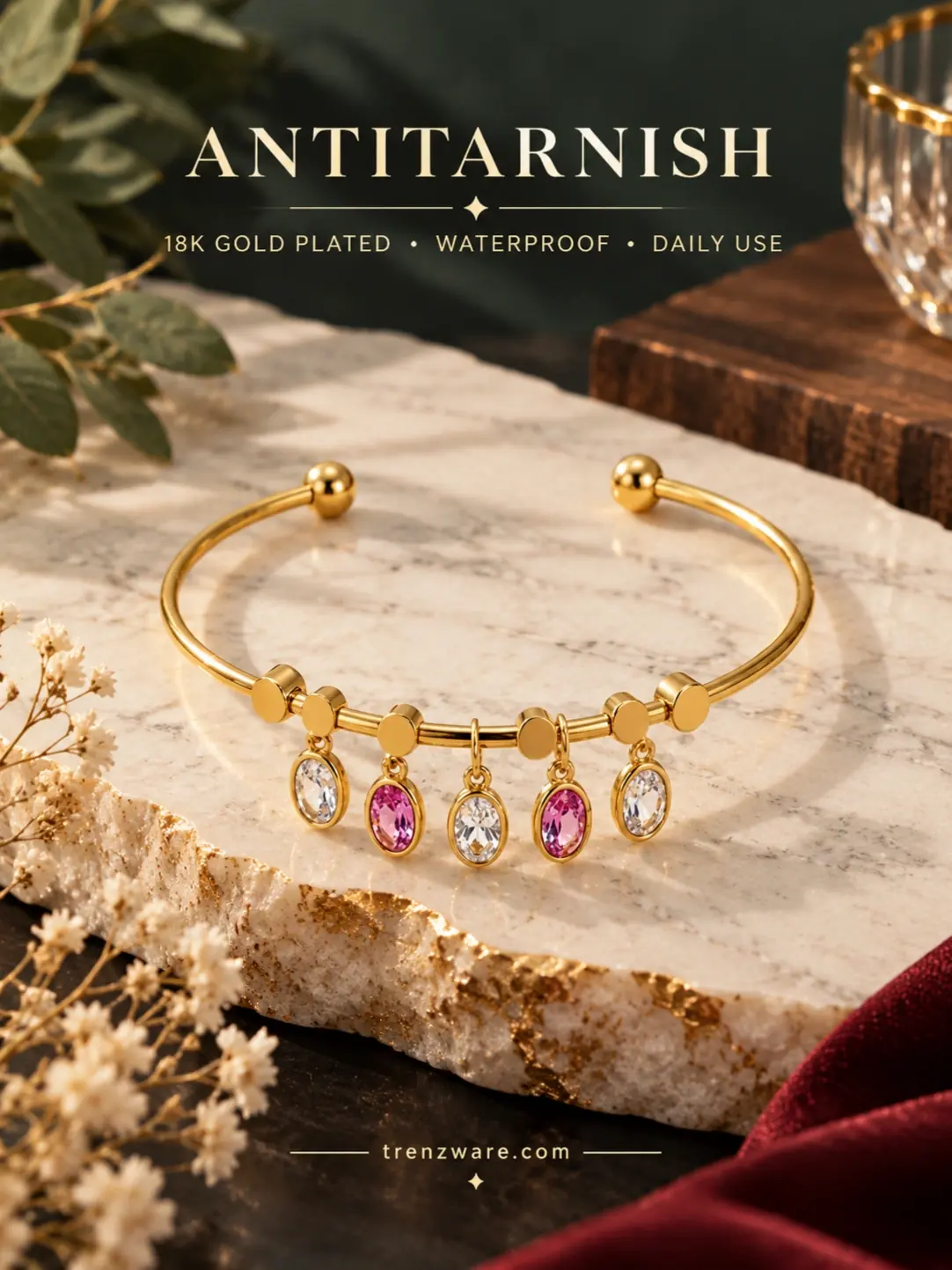 18K Anti-Tarnish  Gold-Plated Charm Cuff Bracelet with Alternating Clear and Pink Crystal Drops