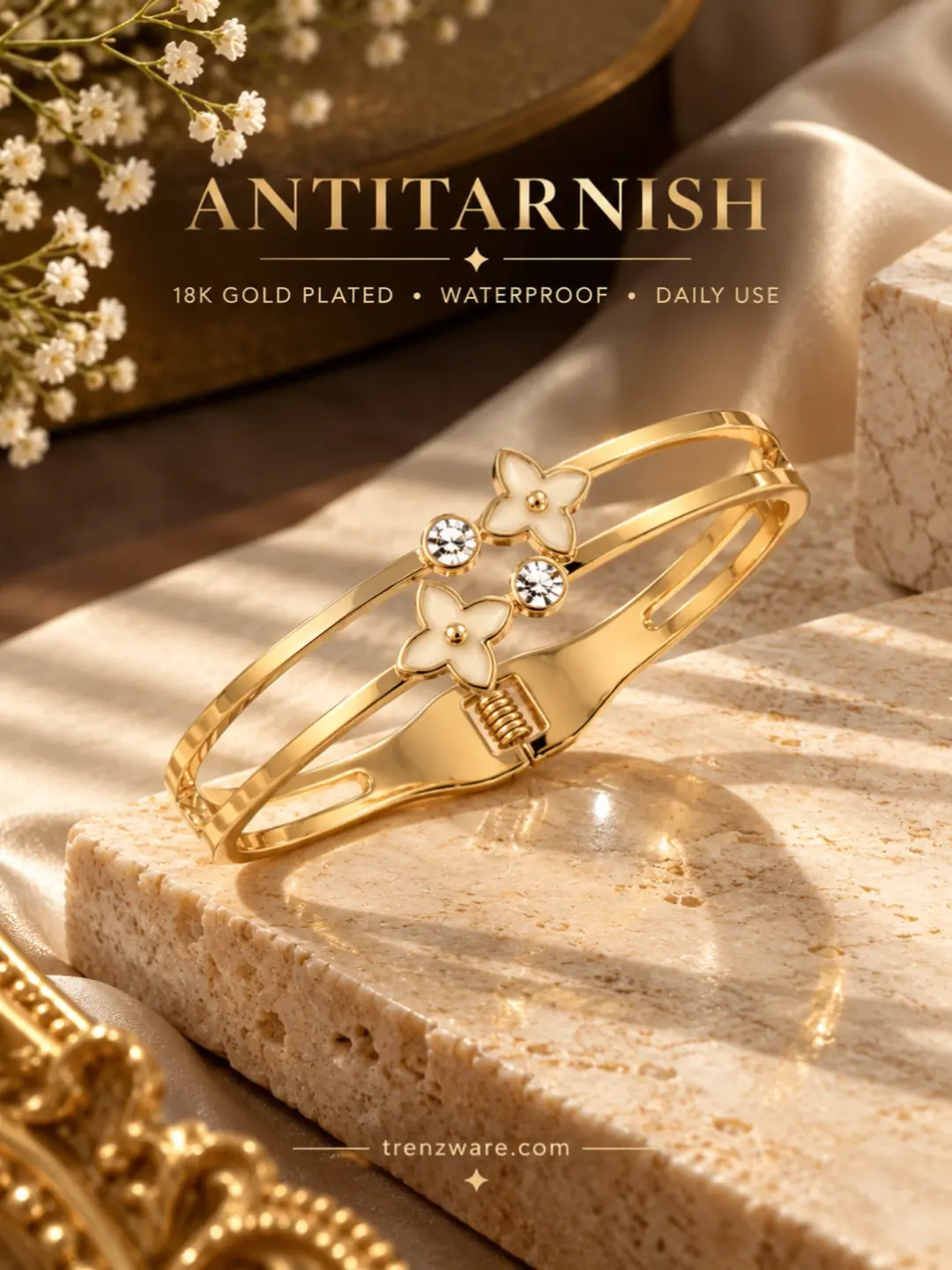 18K Anti-Tarnish   Gold-Plated Double-Band Bangle with Enamel Clover and Crystal Accents