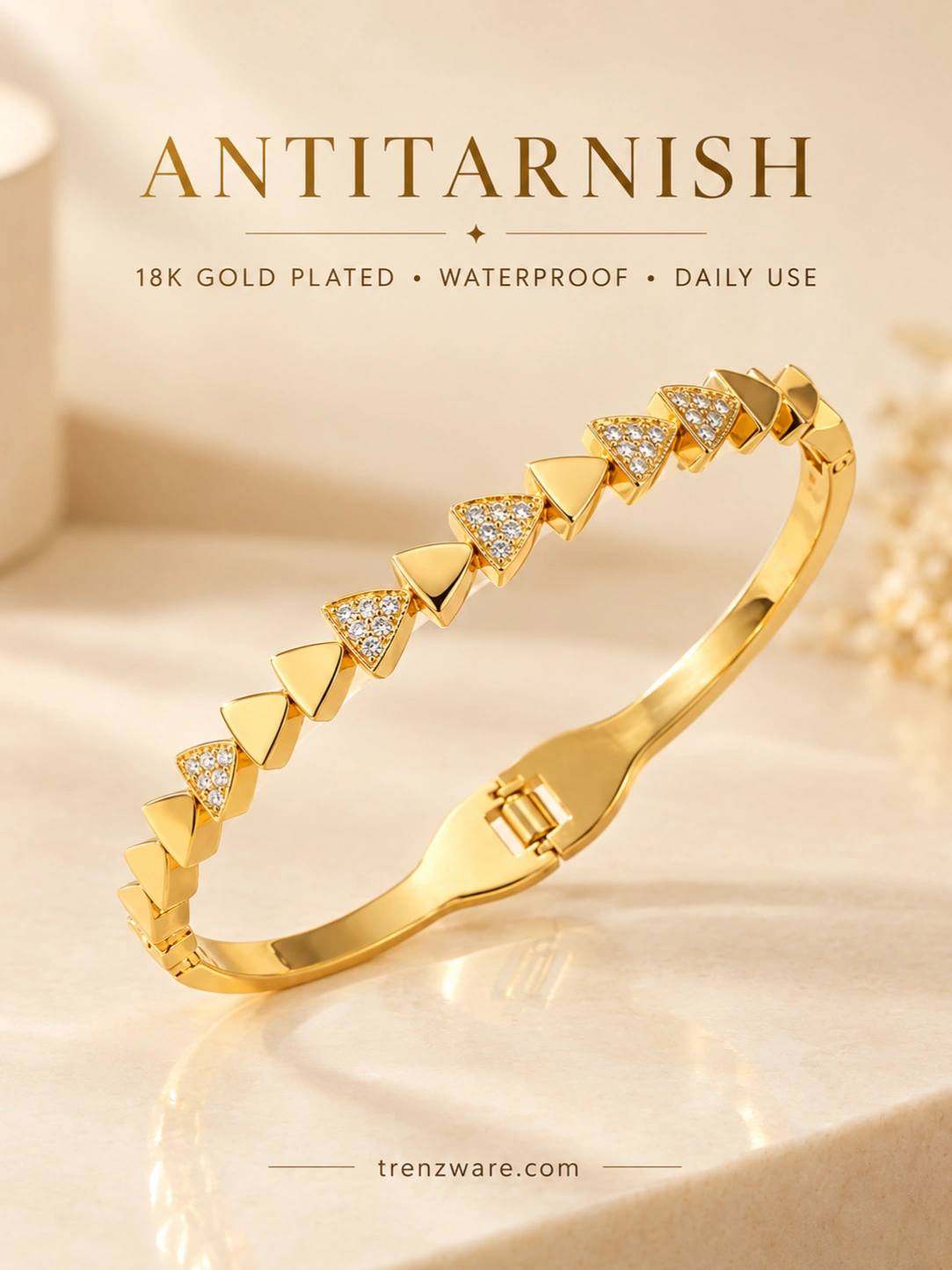 18K Anti-Tarnish   Gold-Plated Alternating Triangle Studded Cuff Bangle