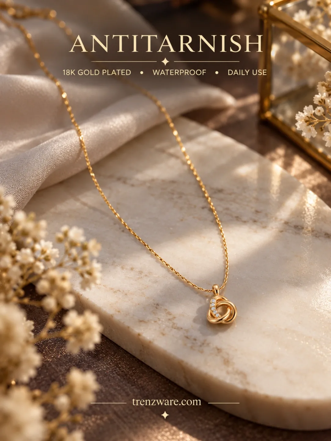 18K Anti-Tarnish Gold Plated Interlocking Trinity Knot Pendant Necklace