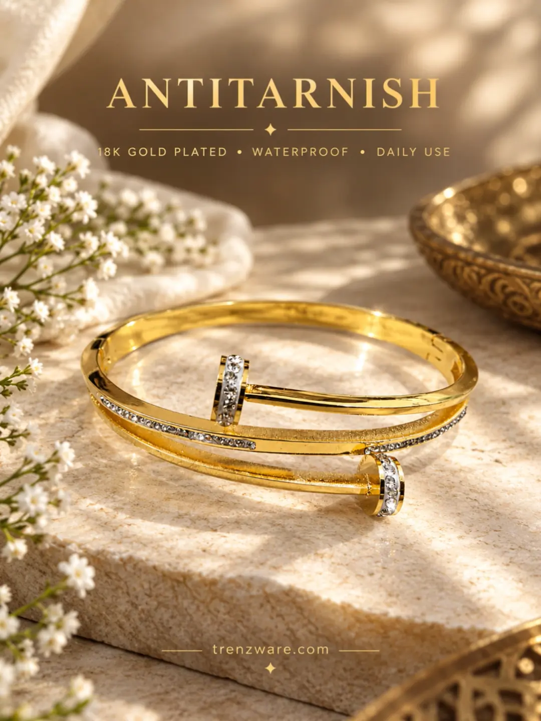 18K Anti-Tarnish These nail-style gold and diamond bracelets