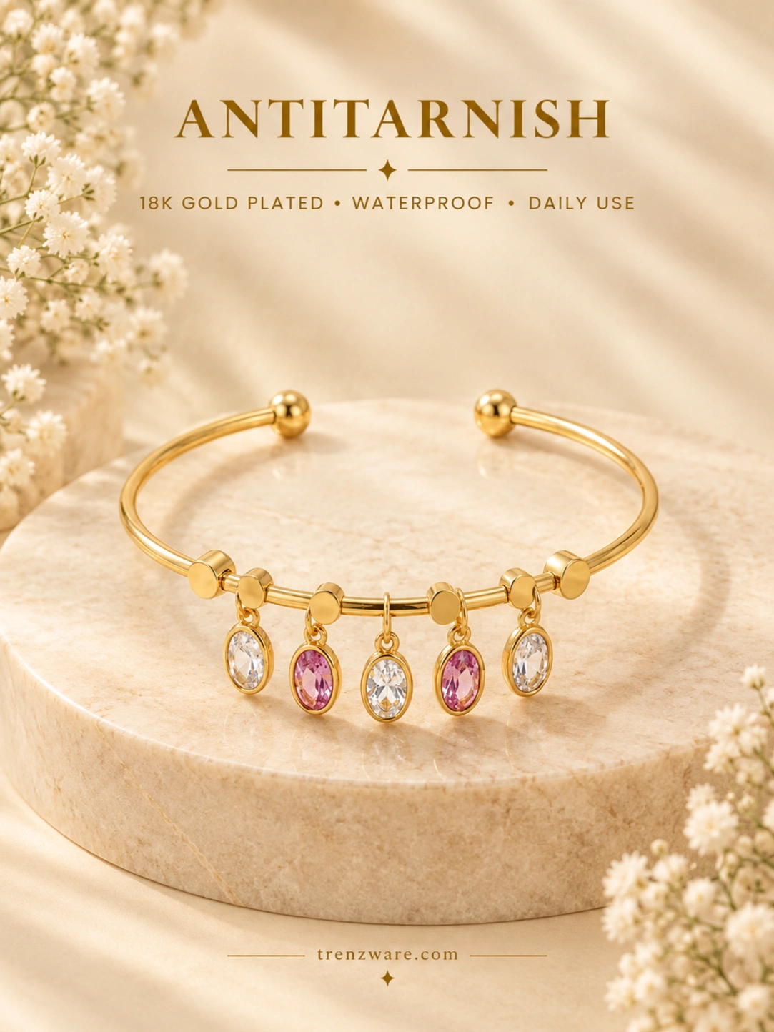 18K Anti-Tarnish  Gold-Plated Charm Cuff Bracelet with Alternating Clear and Pink Crystal Drops