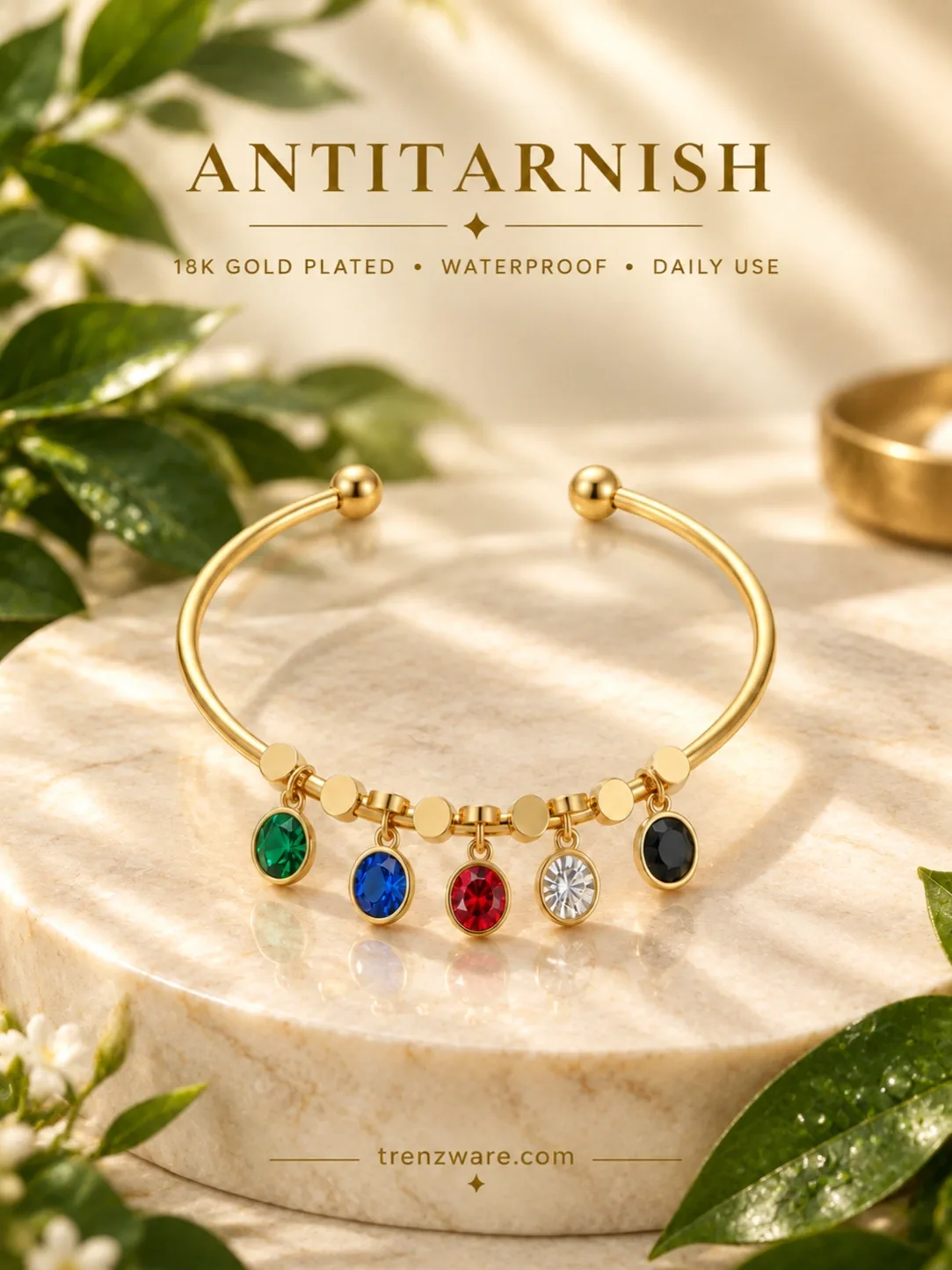 18K Anti-Tarnish Radiant Multi-Gemstone Charm Gold Cuff Bracelet