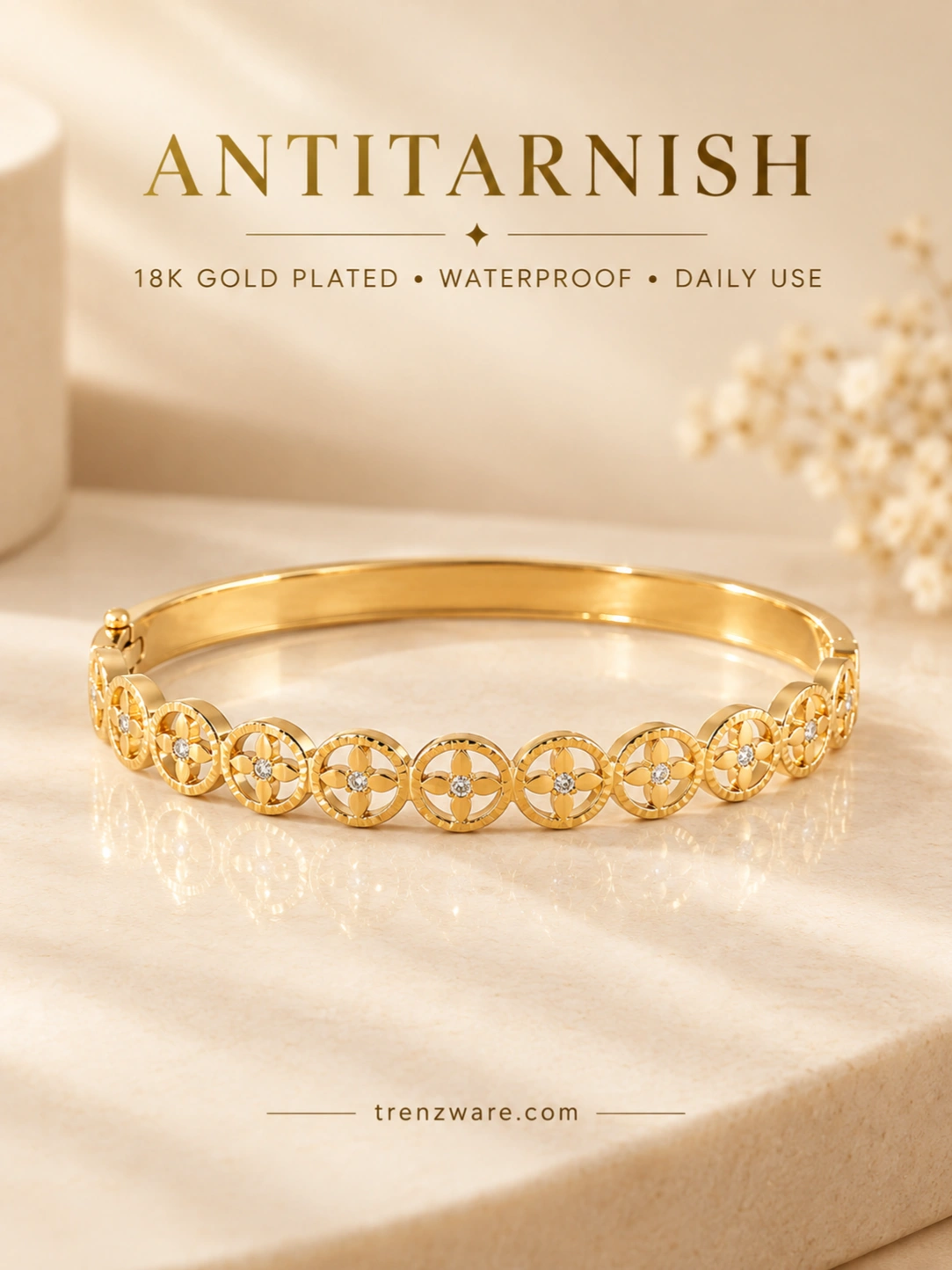 18K Anti-Tarnish  Gold-Plated Filigree Hinge Bangle with Diamond Accents